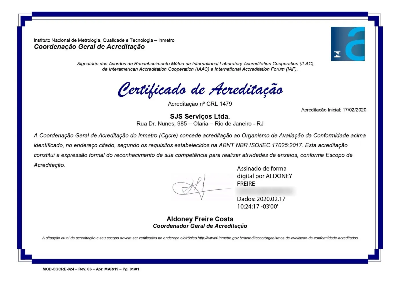 Certificado de acreditação CRL 1479 da SJS Serviços, emitido pela Cgcre